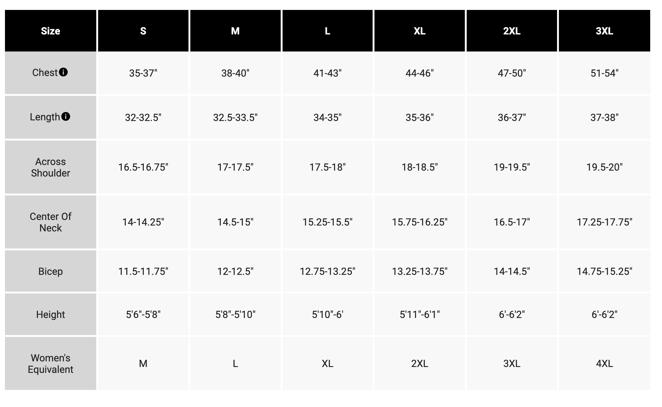 fox mens top size chart